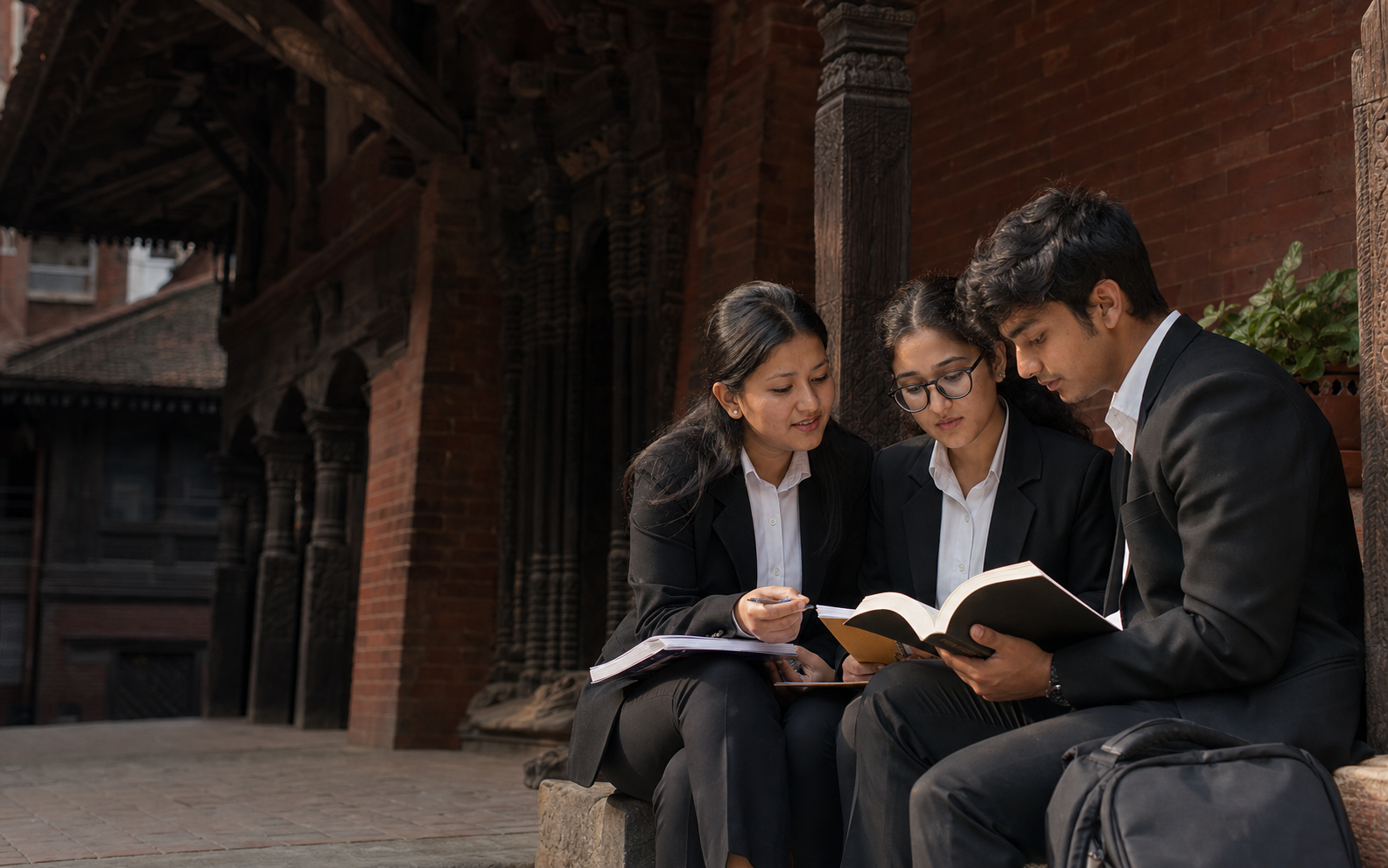 Nepali law students studying together in a traditional courtyard